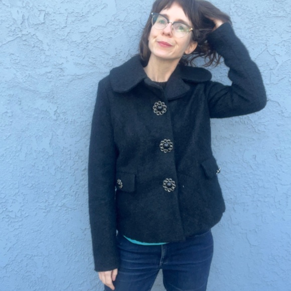 JOUJOU Black Wool Blend y2k Coat Pockets Size M Large collar jacket Jackie O - Picture 5 of 14